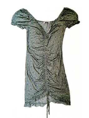Liberty Love Olive Green Ruched Midi Dress with Tiny Floral Print